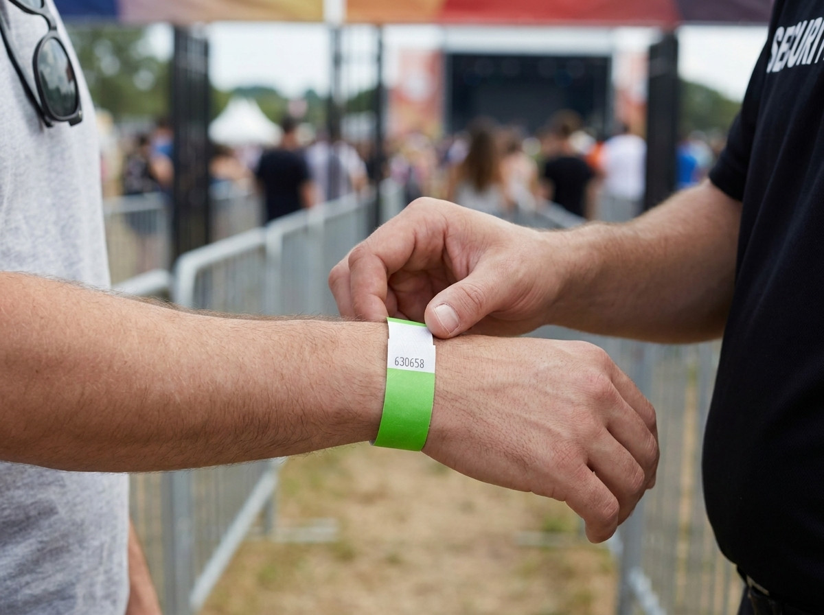 Beveiligingsmedewerker die het anti-transferpolsbandje van een festivalbezoeker controleert bij de ingang van een evenement