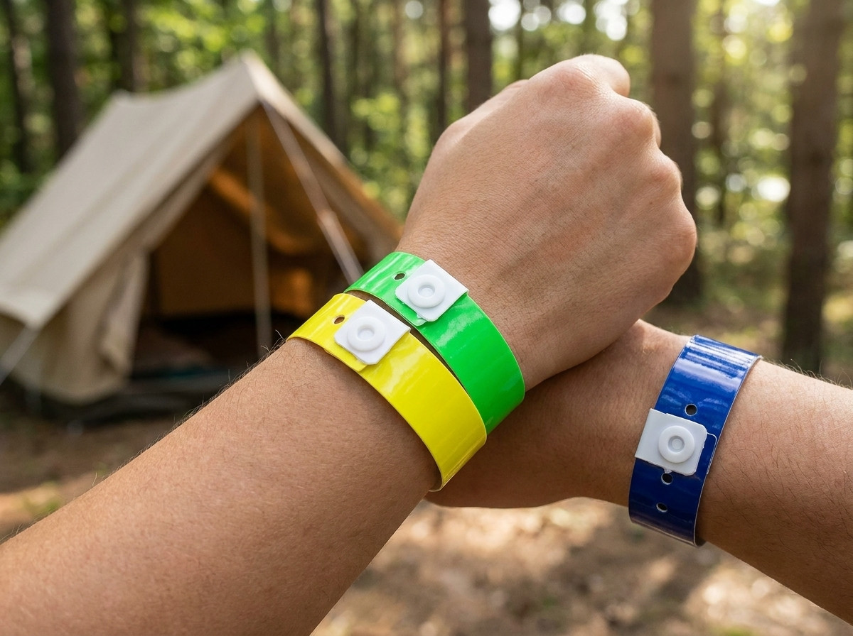 Gekleurde camping-armbanden van Tyvek gedragen door kampeerders aan de ingang van een zonnig buitenzwembad