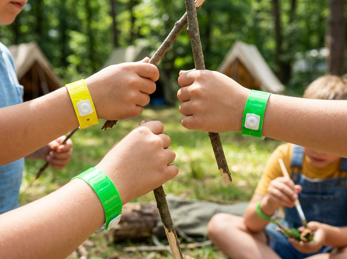 Gekleurde Tyvek armbanden voor de mini-club op de camping, gedragen door kinderen tijdens een buitenactiviteit