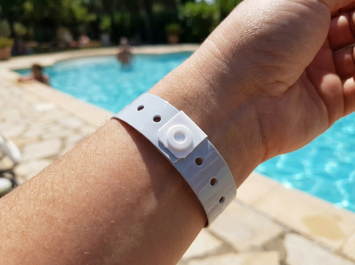 Discrete Tyvek armband gedragen aan de pols in een zonnige naturistische omgeving, aan het zwembad