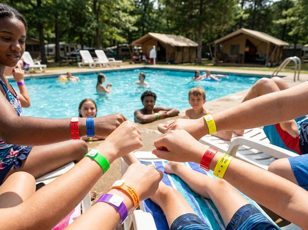 Gekleurde vinyl armbanden gedragen door kampeerders aan de rand van een buitenzwembad op een camping