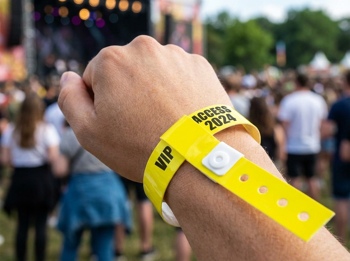 Gekleurd identificatie-armbandje aan de pols van een volwassen kampeerder bij een campingzwembad in de zomer