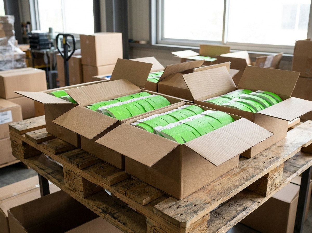 Dozen met Tyvek-festivalArmbanden klaar voor verzending met DHL Express-etiketten, ter illustratie van snelle levering binnen 24 uur voor dringende evenementen