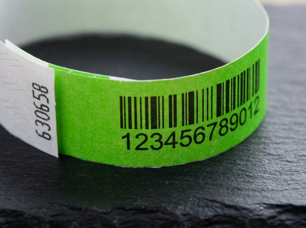 Close-up van een Tyvek-polsbandje bedrukt met een Code 128-streepjescode en een volgnummer, liggend op een donker oppervlak