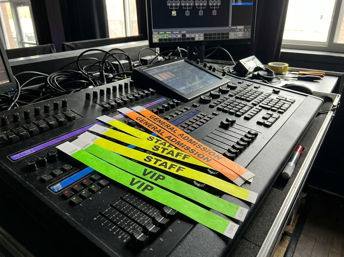 Gepersonaliseerde concert-armbanden van Tyvek in verschillende kleuren voor VIP, staff en publiek, neergelegd op een lichtregietafel in de backstage