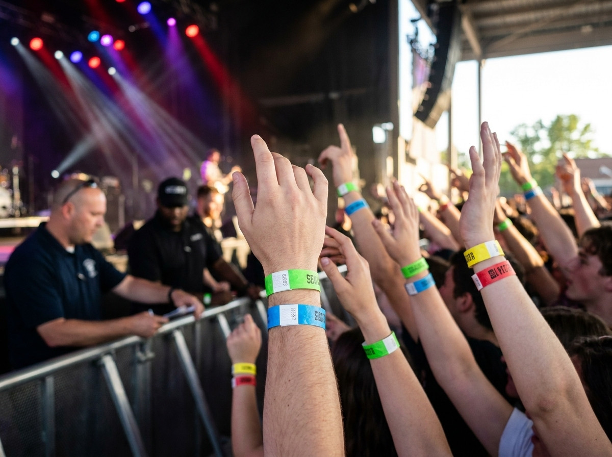 Gekleurde identificatie-armbanden gedragen door bezoekers in de fotokuil tijdens een concert, veiligheidspersoneel dat toegangscontrole uitvoert op de achtergrond