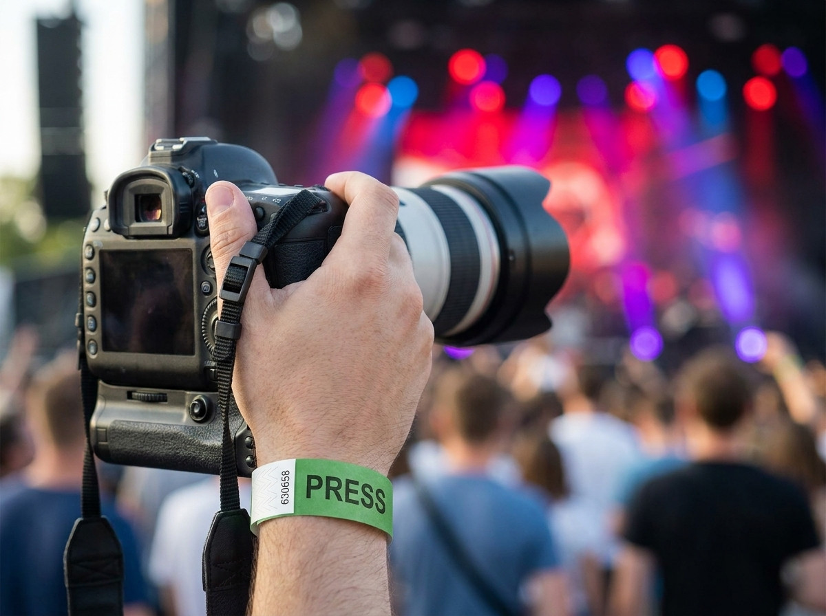 Fotograaf in de fotokuil met een gepersonaliseerde persarmband tijdens een concert