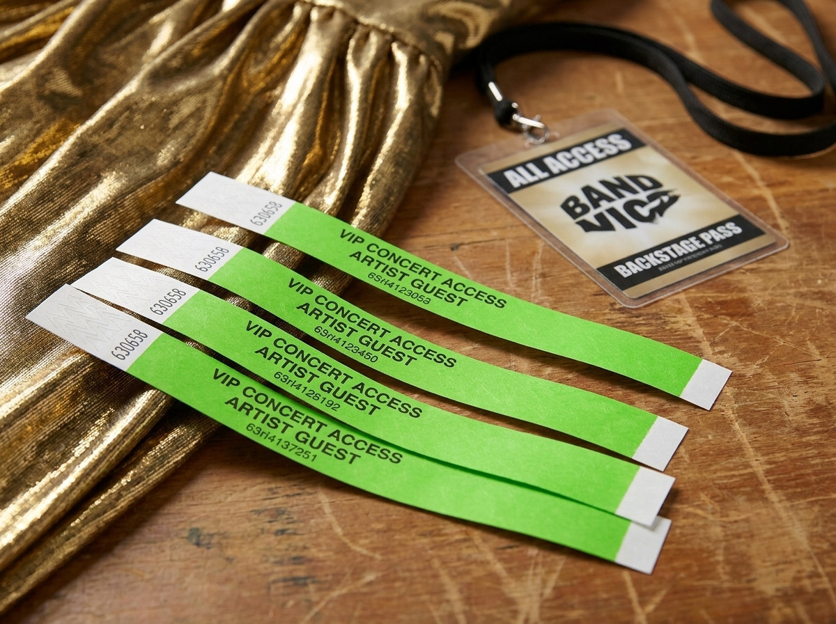 Gepersonaliseerde VIP concert-armbanden neergelegd op een backstage tafel met gouden glitterstof en artiestenbadge