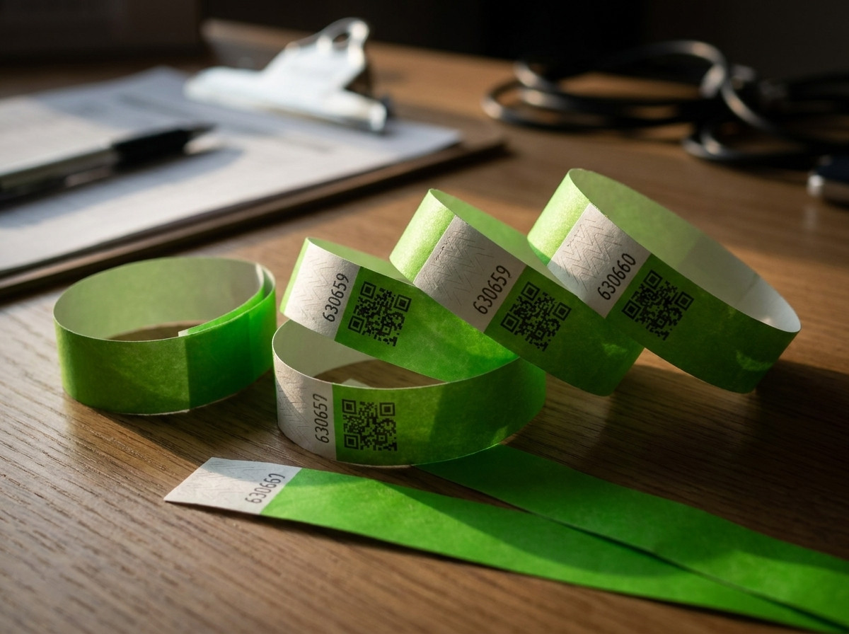 Gepersonaliseerde Tyvek toegangscontrole-armbanden met QR-codes en opeenvolgende nummering, neergelegd op een evenementen-regietafel