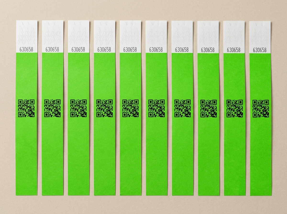 Genummerde anti-fraude identificatie-armbanden op een rij, met zichtbare anti-transfer sluiting en QR-code in hoge definitie gedrukt