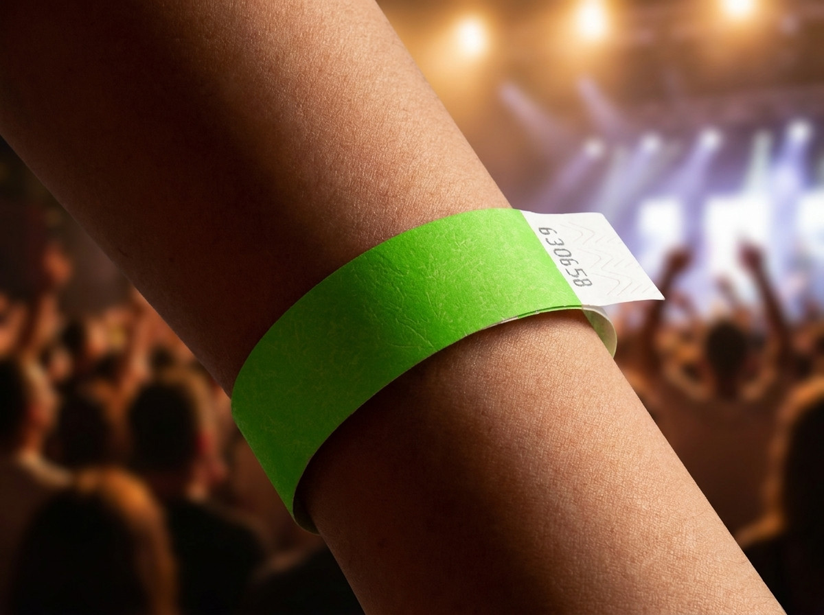 Close-up van een gepersonaliseerde armband aan de pols van een marathonloper, met startnummer en evenementenlogo in HD-bedrukking