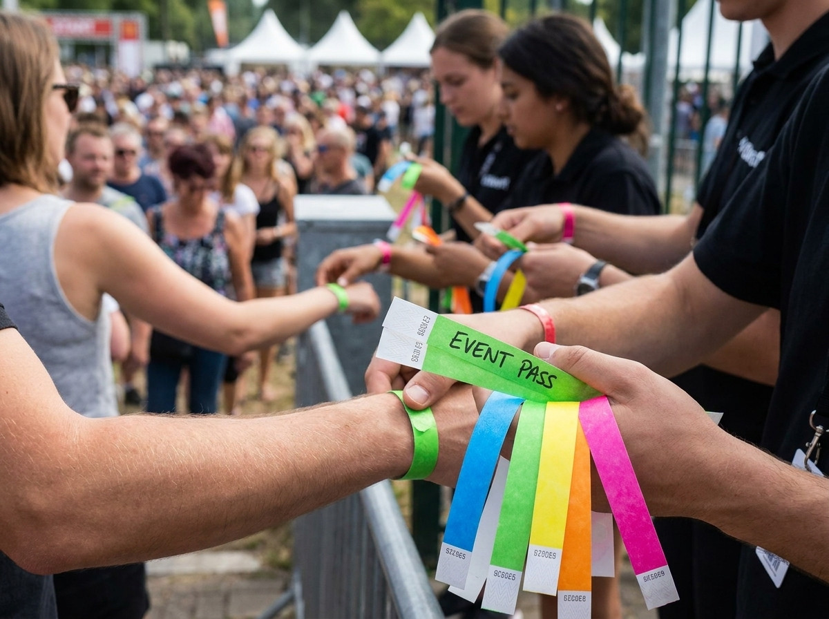 Gekleurde Tyvek polsbandjes uitgedeeld aan toeschouwers bij de ingang van een stadion tijdens een voetbalwedstrijd
