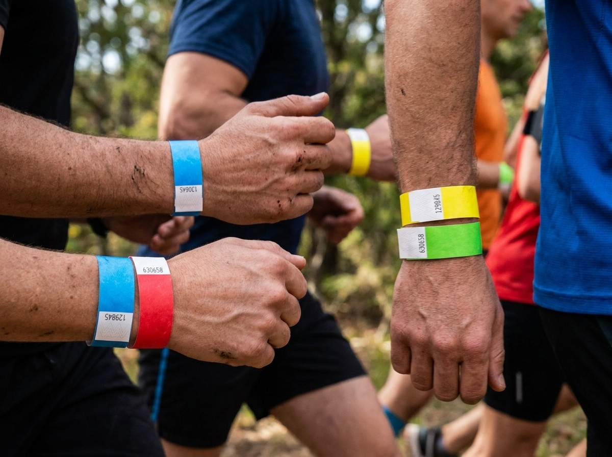 Lopers met gekleurde Tyvek polsbandjes tijdens een marathon, met vrijwilligers bij de bevoorradingspost die de categoriekleuren controleren