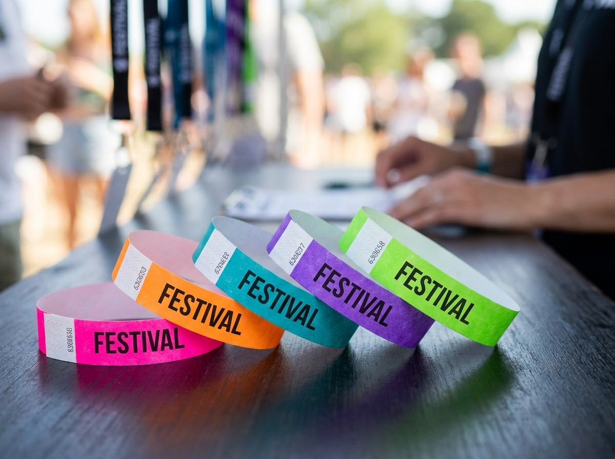 Gepersonaliseerde festival-armbanden van meerkleurig Tyvek met HD-bedrukking en anti-transfer sluiting, neergelegd op een evenementen-regietafel
