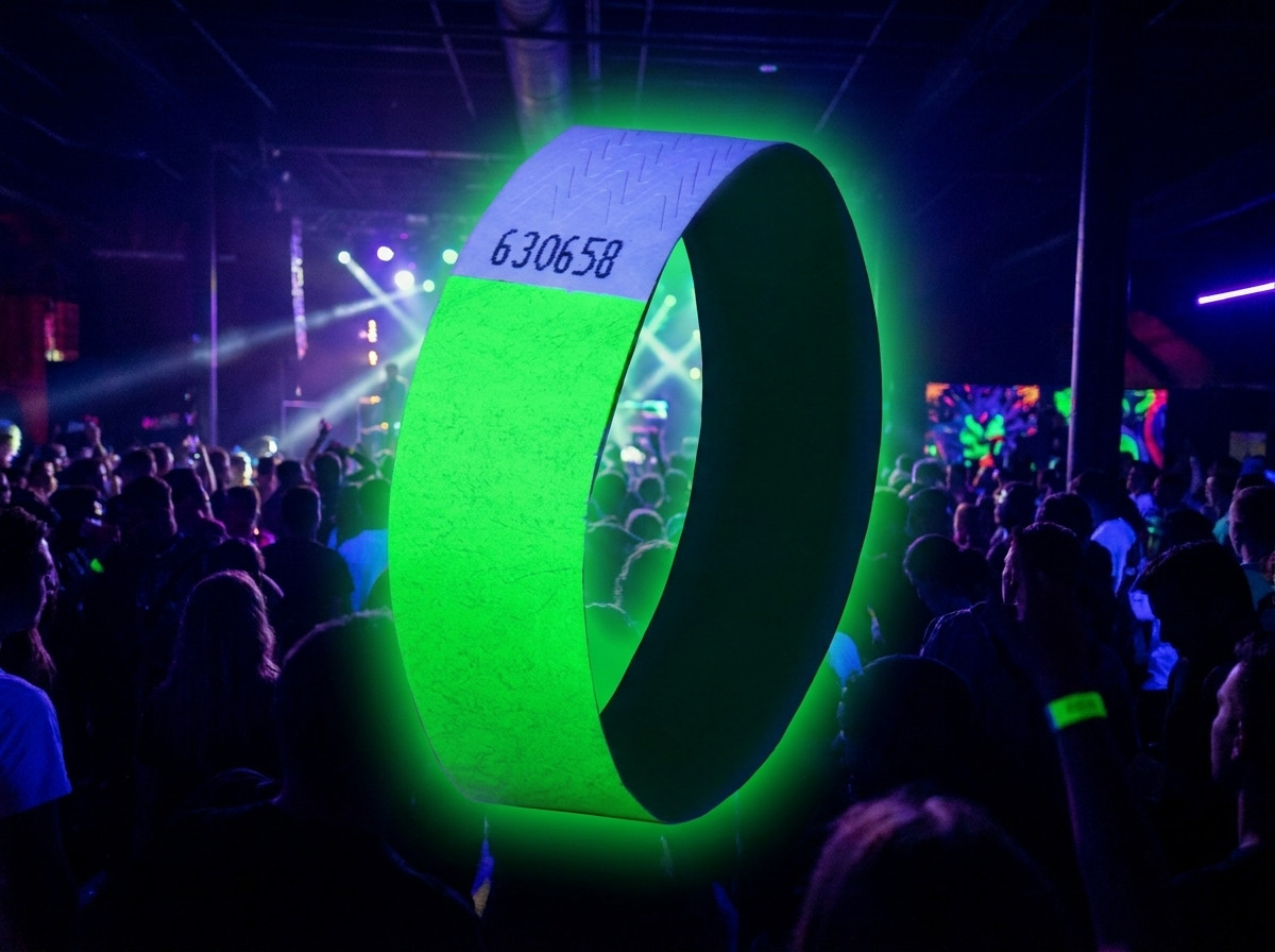 Fluor Tyvek-armbanden voor een elektrofestival onder blacklight, met logo en QR-code in hoge definitie bedrukt