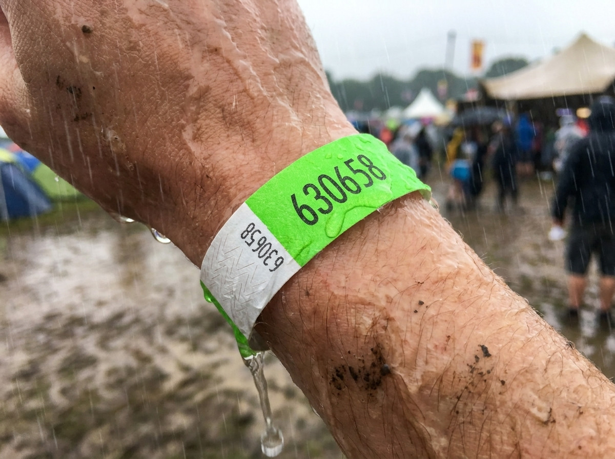 Close-up van een gepersonaliseerd armband gedragen om de pols tijdens een meerdaags festival in de regen, intact en leesbaar blijvend
