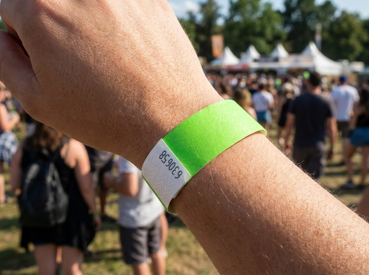 PVC-vinyl polsbandje met een in hoge definitie bedrukte foto, gedragen aan de pols tijdens een openluchtfestival