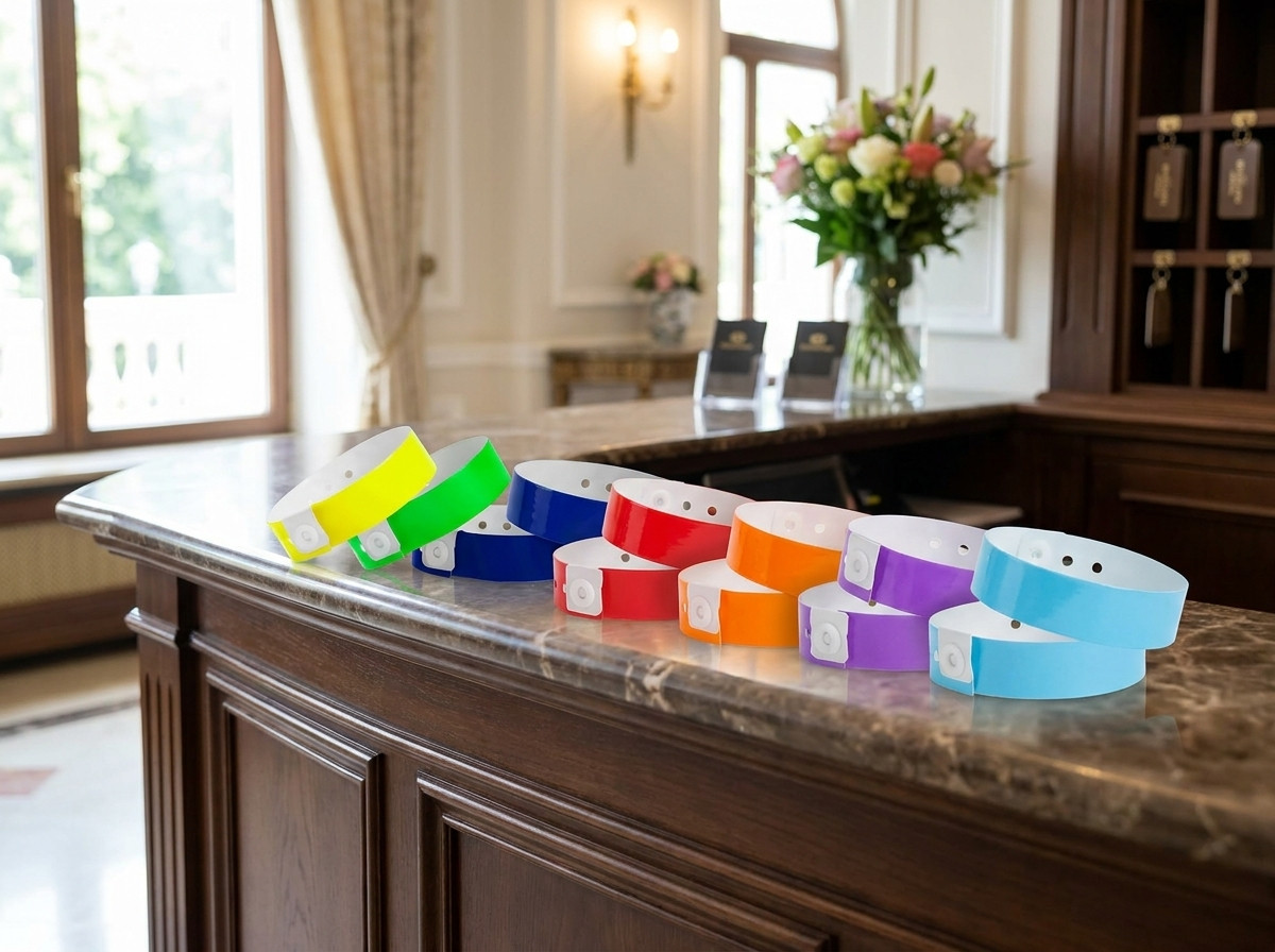 Gekleurde all-inclusive armbanden op een hotelreceptiebalie, elke kleur vertegenwoordigt een ander verblijfsarrangement