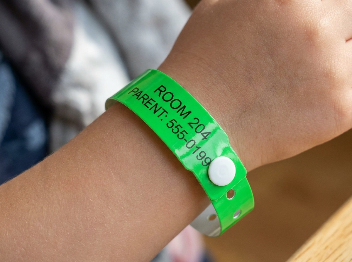 Gekleurd Tyvek-kinderarmband met kamersnummer en ouderlijk contactgegeven bedrukt, gedragen om de pols van een kind aan de rand van een hotelzwembad