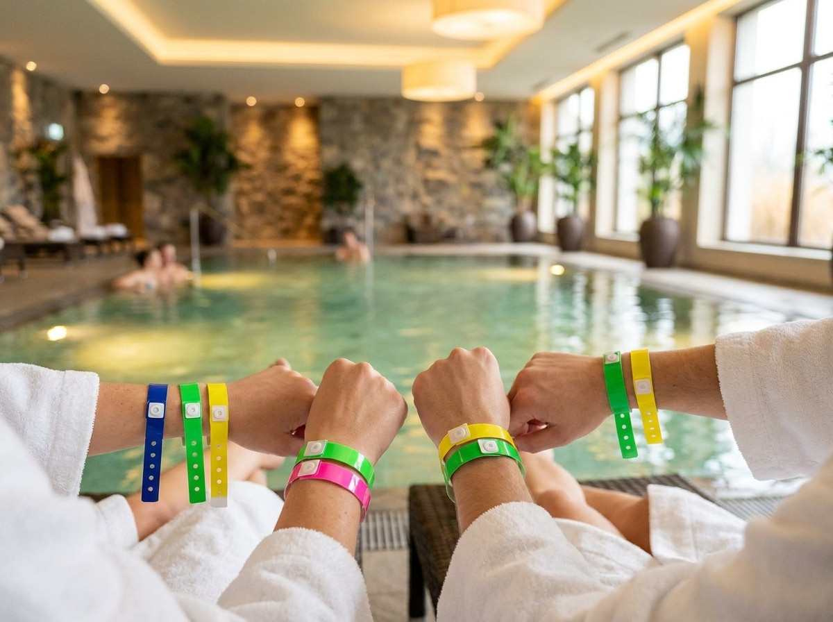 Gekleurde vinyl armbanden gedragen om de pols van gasten in een hotel spa met binnenzwembad en gedempte verlichting