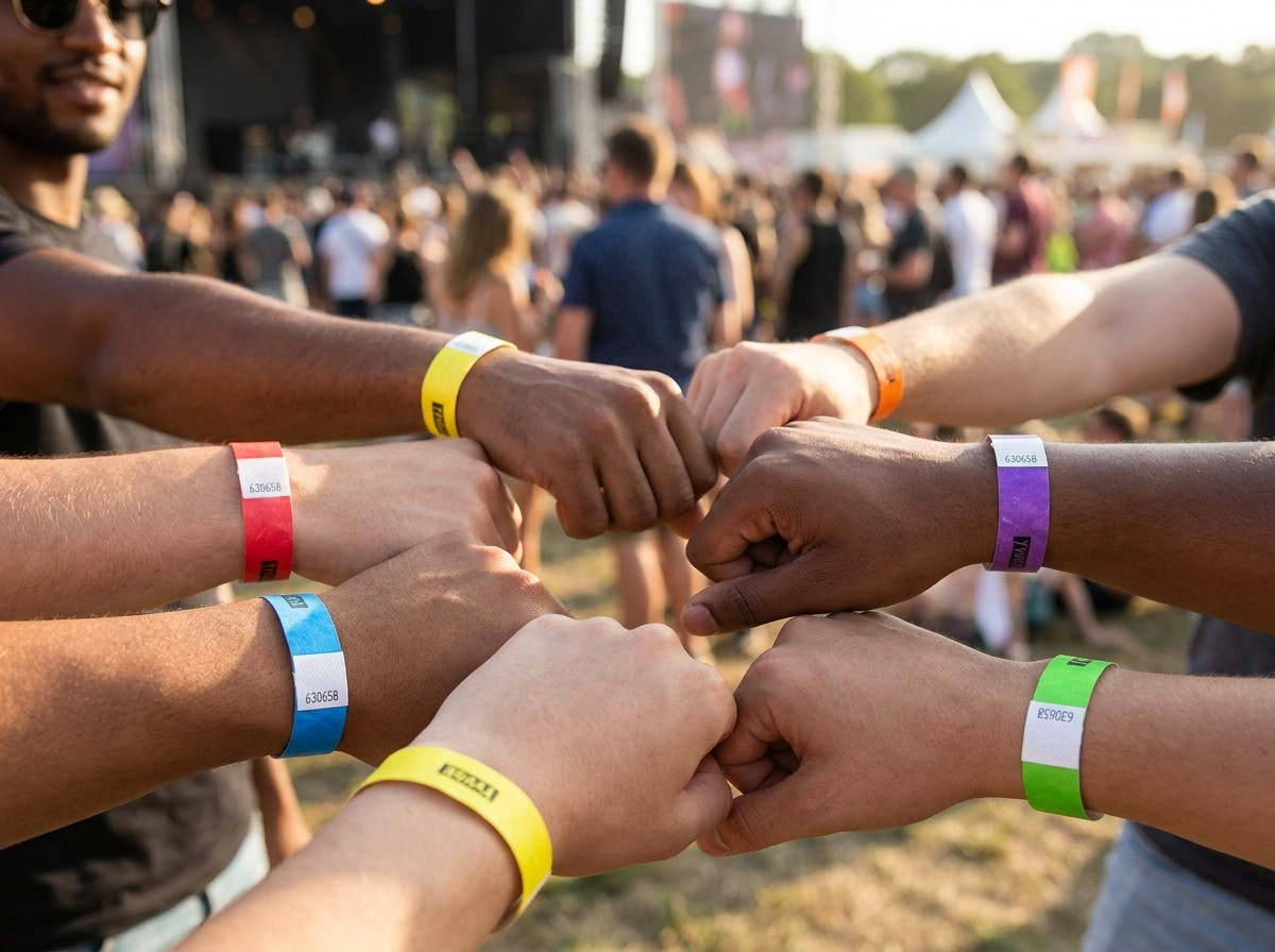 Veelkleurige Tyvek-armbanden voor identificatie van bezoekerscategorieen tijdens een openluchtfestival