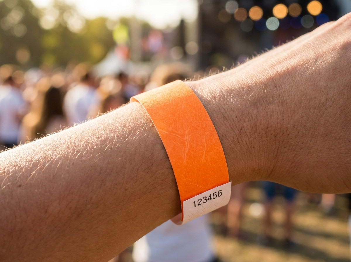 Medisch identificatiearmband bedrukt met naam, geboortedatum en streepjescode, gedragen om de pols van een opgenomen patient