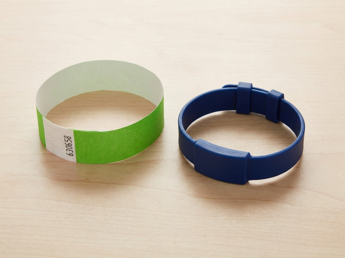 Foto die een wegwerparmband van Tyvek en een herbruikbare stijve plastic armband naast elkaar op een tafel vergelijkt