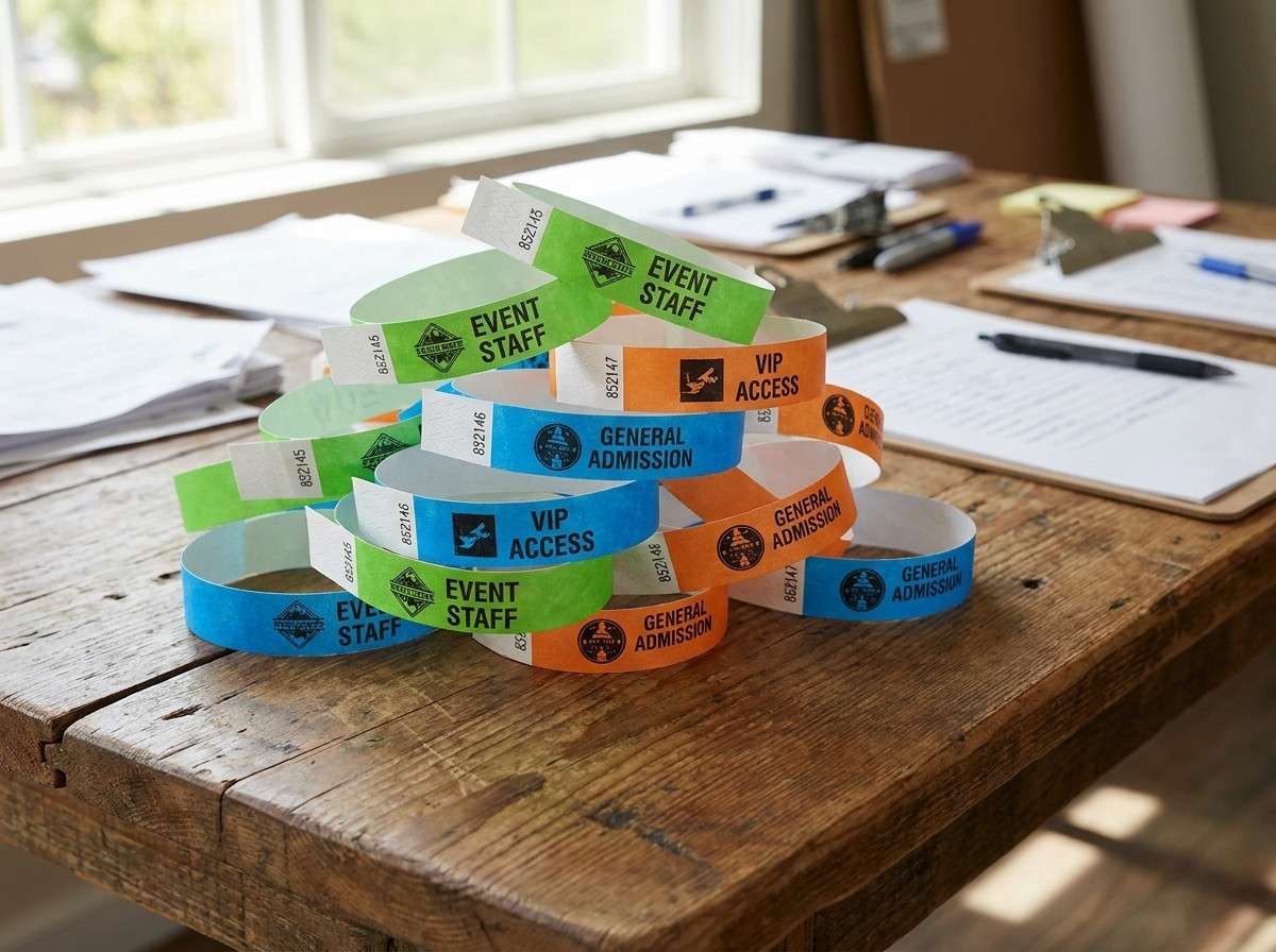 Gepersonaliseerde Tyvek-armbanden met logo en nummering, klaargemaakt voor een festival of bedrijfsseminarie