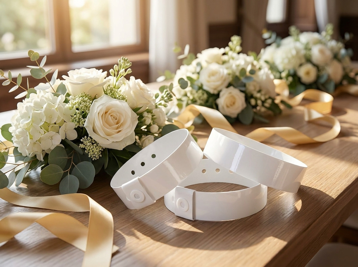 Gepersonaliseerde VIP-huwelijksarmbanden op een tafel versierd met witte bloemen en gouden linten