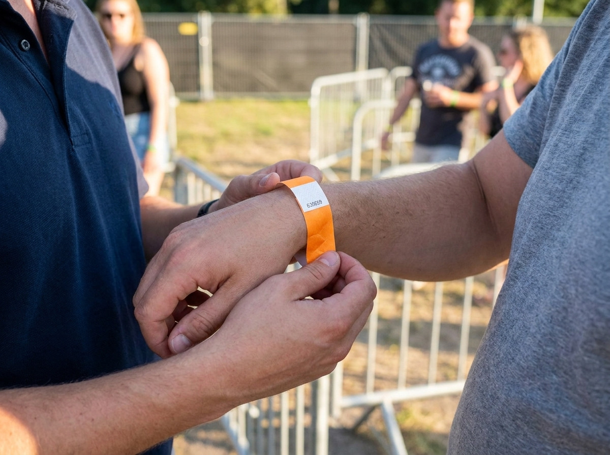 Ontvangstmedewerker van een festival die een genummerd identificatiepolsbandje om de pols van een deelnemer doet bij de ingang