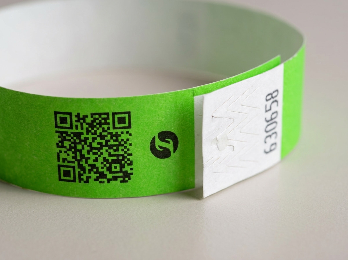 Close-up van een identificatiearmband met QR-code en logo gedrukt in hoge definitie