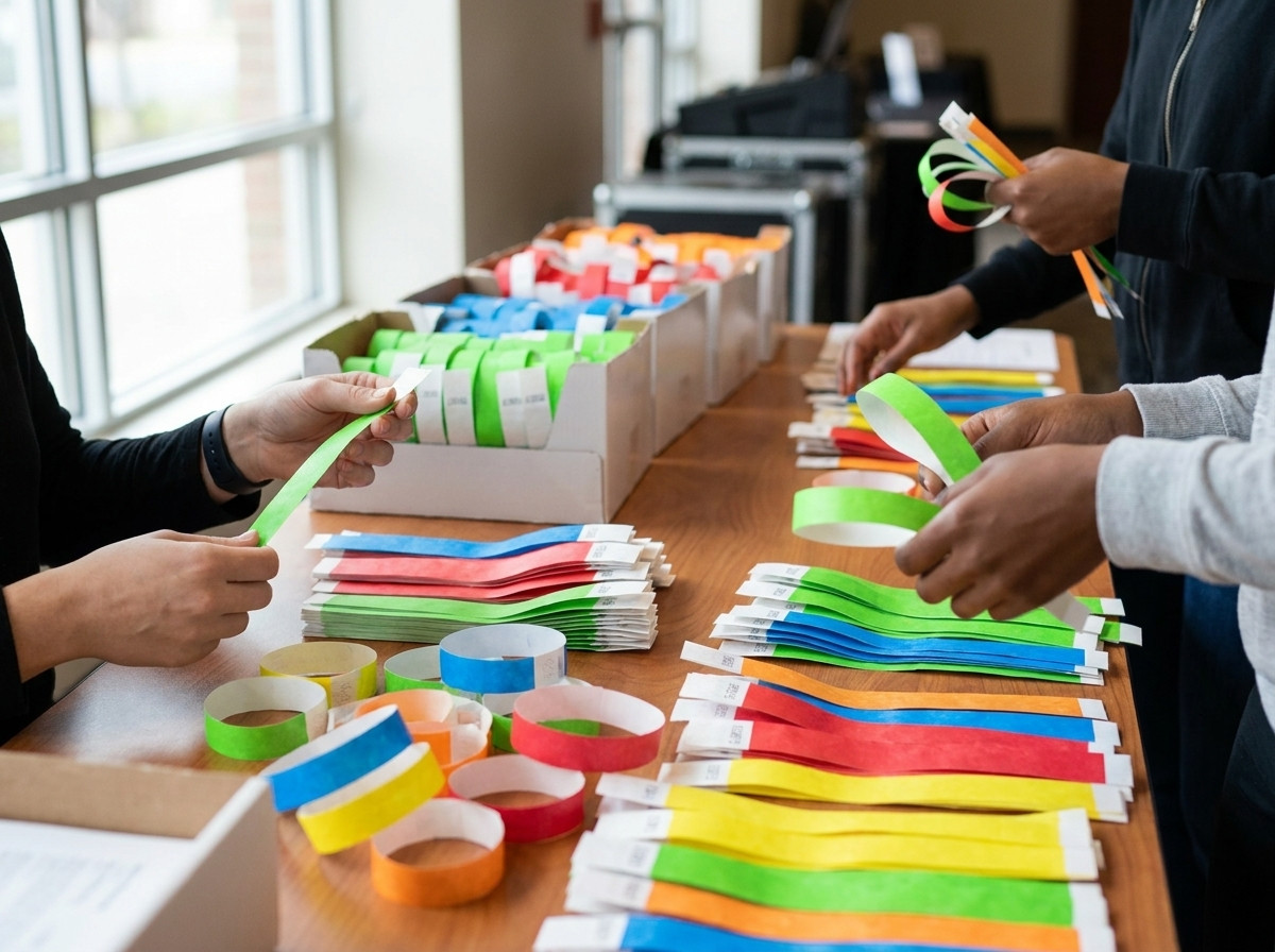 Sorteertafel bij de ingang van een lokaal evenement met papieren polsbandjes in verschillende kleuren op rollen