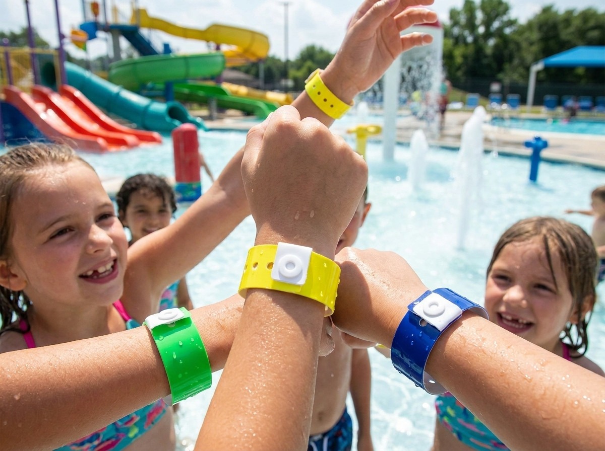 Waterdichte gekleurde vinyl armbanden gedragen door kinderen in een zonnig waterpark