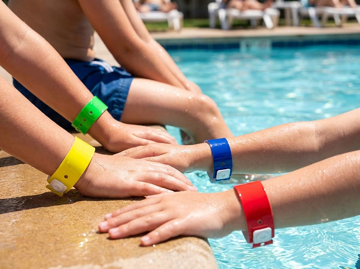 Gekleurde vinyl armbanden in geel groen blauw rood gedragen door kinderen aan de rand van een binnenzwembad tijdens een zwemles