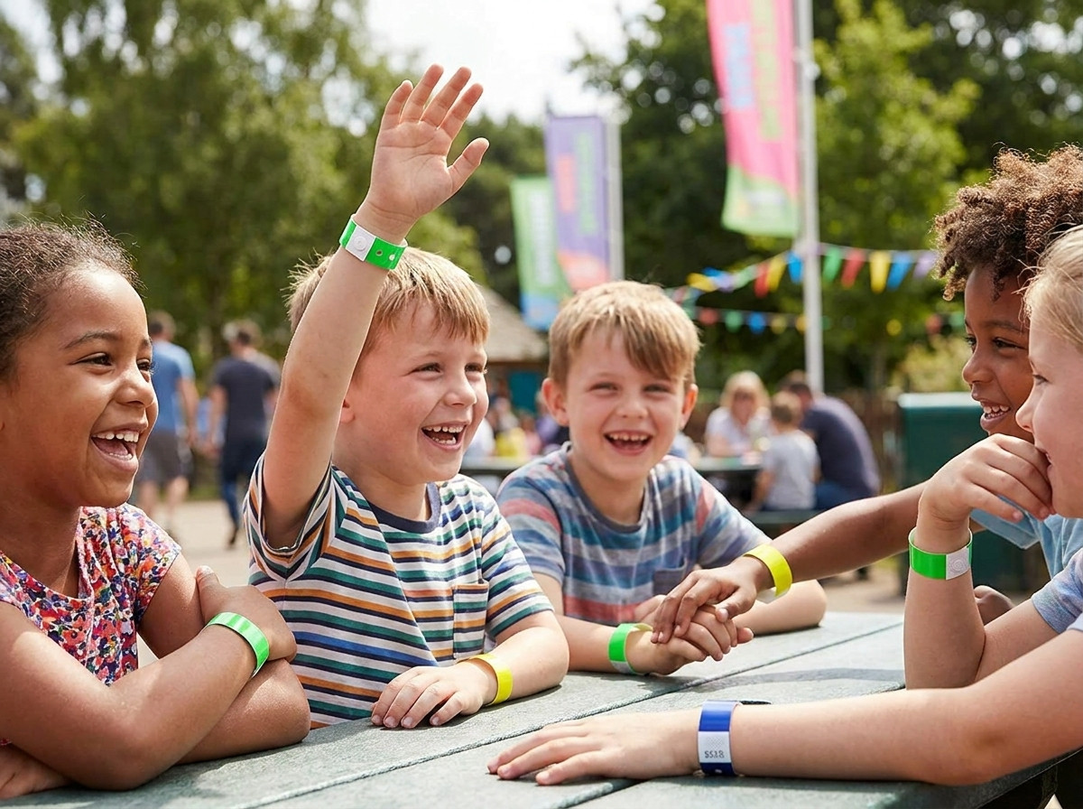 Kinderen met gekleurde vinyl armbanden bij de ingang van een glijbaan in een groot zonnig waterpark