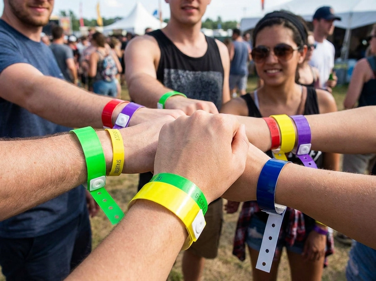 Gekleurde vinyl armbanden gedragen door bezoekers bij de ingang van een waterpark met glijbanen en zwembaden op de achtergrond