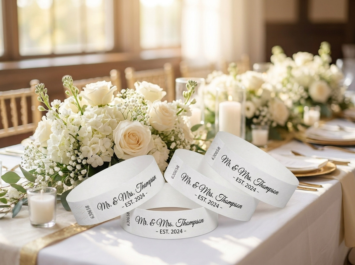Gepersonaliseerde witte identificatieArmbanden met de voornamen van de bruid en bruidegom en de trouwdatum, gepresenteerd op een tafel gedecoreerd met witte bloemen