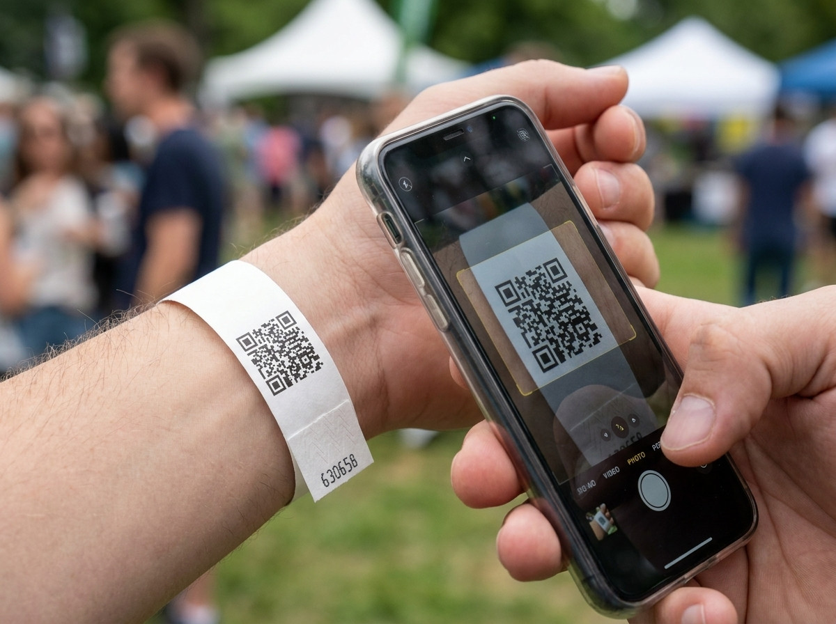 Close-up van een wit Tyvek-polsbandje met een in zwart bedrukte QR-code, gescand door een smartphone bij een toegangscontrole aan de ingang van een festival