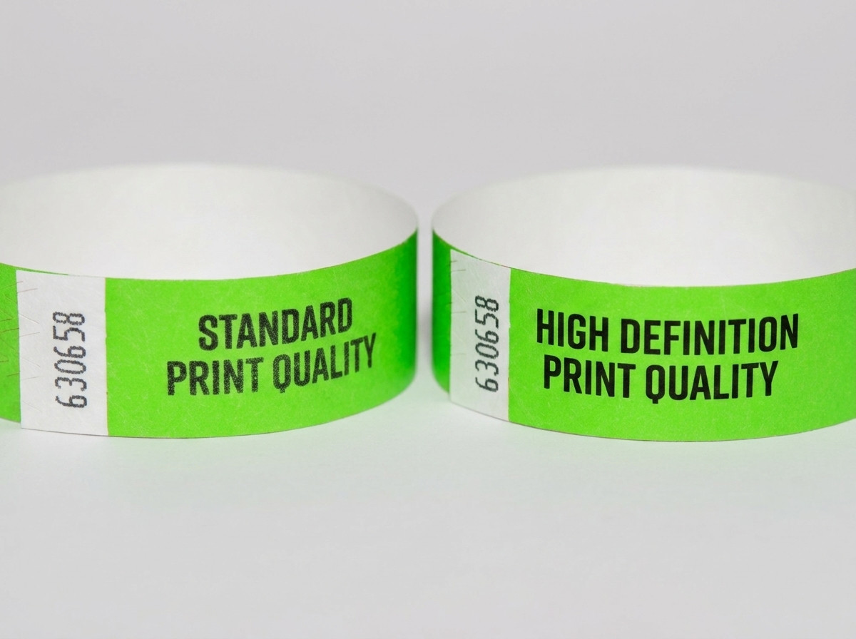 Vergelijking van een Tyvek-polsbandje en een identificatiepolsbandje naast elkaar, elk met een in hoge definitie bedrukte QR-code en een kleurrijk evenementdesign