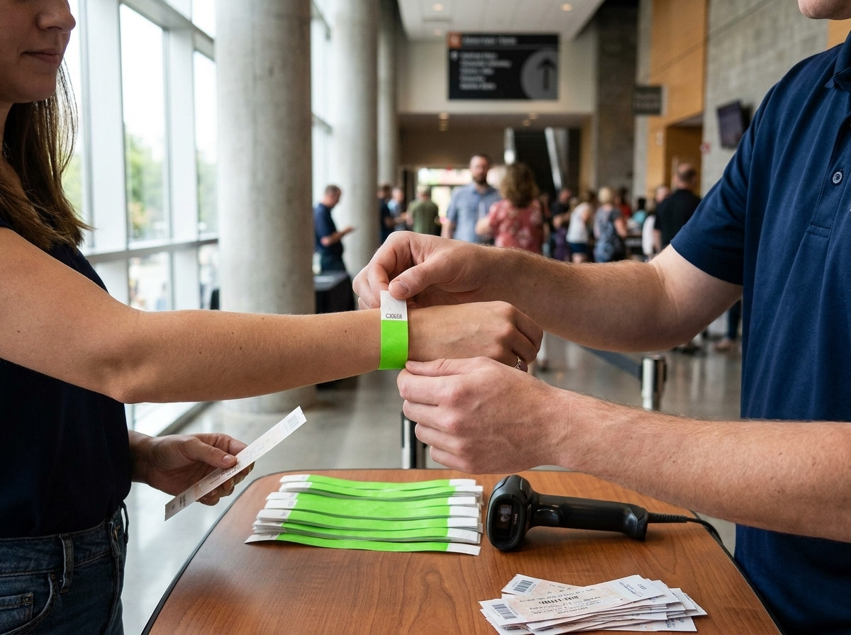 Toegangscontrole tafel op een festival, met gestapelde Tyvek-polsbandjes met QR-code klaar om uitgedeeld te worden en een medewerker die de pols van een deelnemer scant met een telefoon