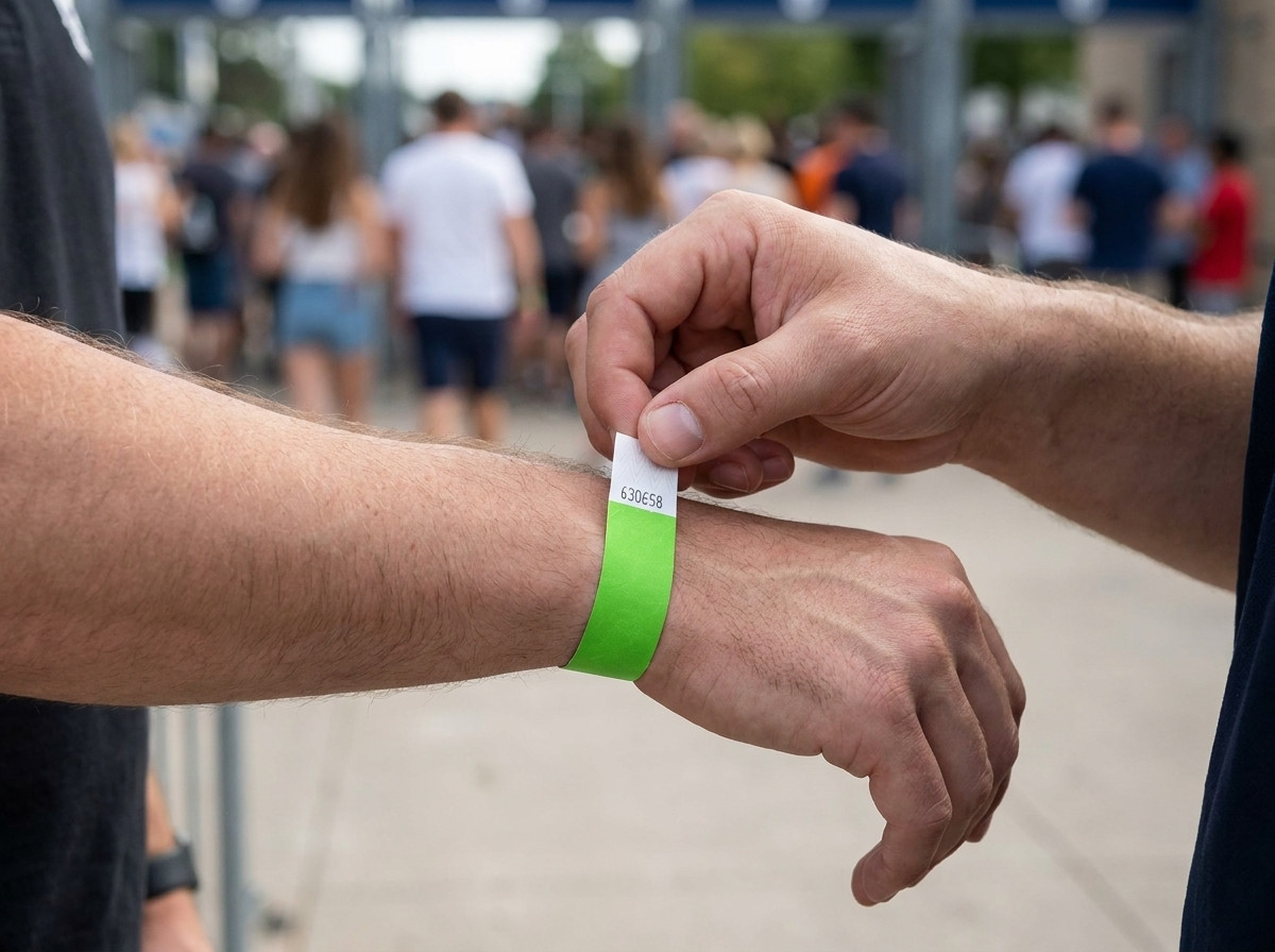 Beveiliger die anti-transfer polsbandjes controleert bij de ingang van een groot buitenfestival, menigte zichtbaar op de achtergrond