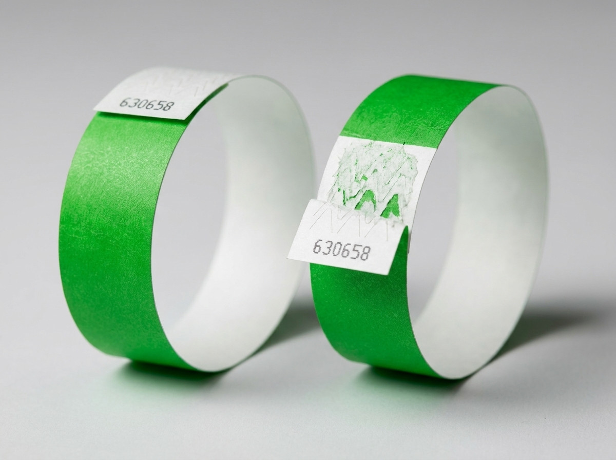 Vergelijking naast elkaar van een gepersonaliseerde Tyvek-armband en een gepersonaliseerde identificatiearmband voor een evenement, ter illustratie van de verschillen in materiaal, dikte en sluiting