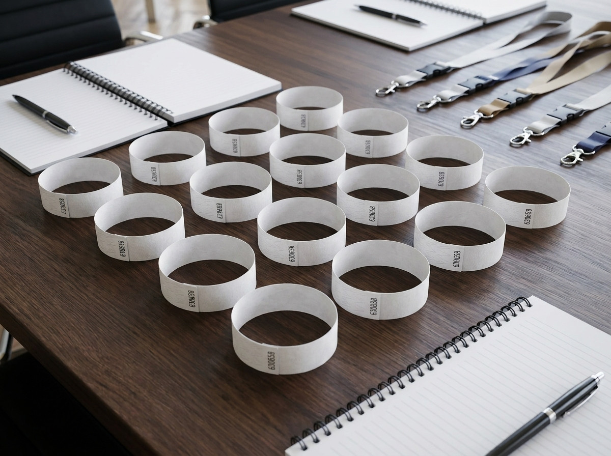 Gepersonaliseerde seminar-armbanden met bedrijfslogo en streepjescode, neergelegd op een professionele conferentietafel