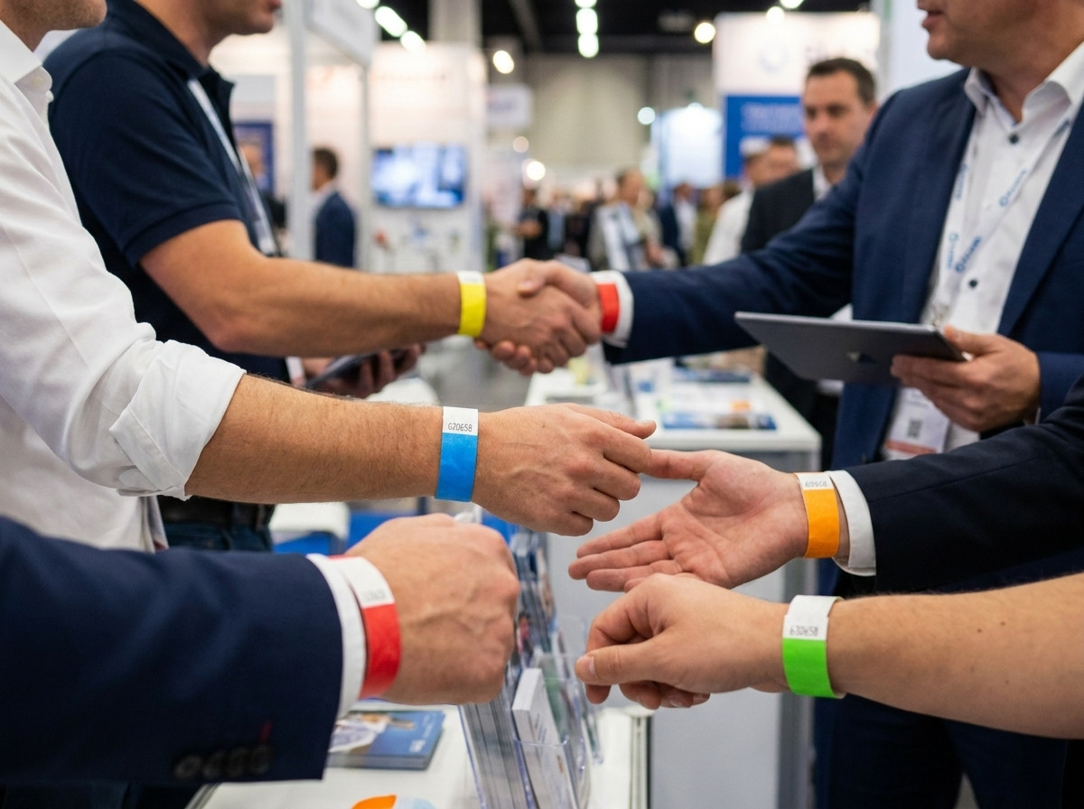 Gekleurde Tyvek polsbandjes voor exposanten en bezoekers tijdens een professionele B2B beurs
