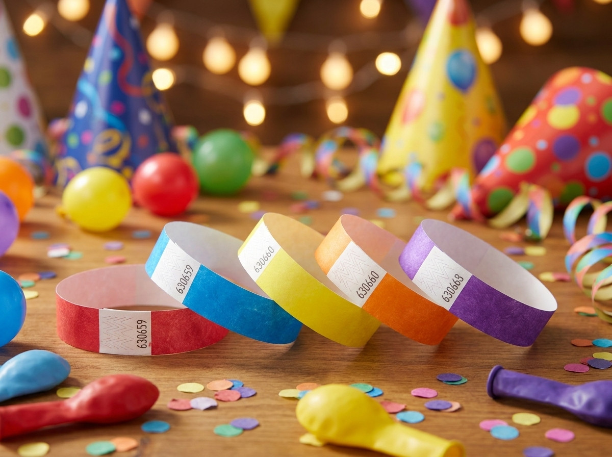 Gepersonaliseerde feestbandjes van gekleurd Tyvek met HD-bedrukking, neergelegd op een tafel met feestdecoraties