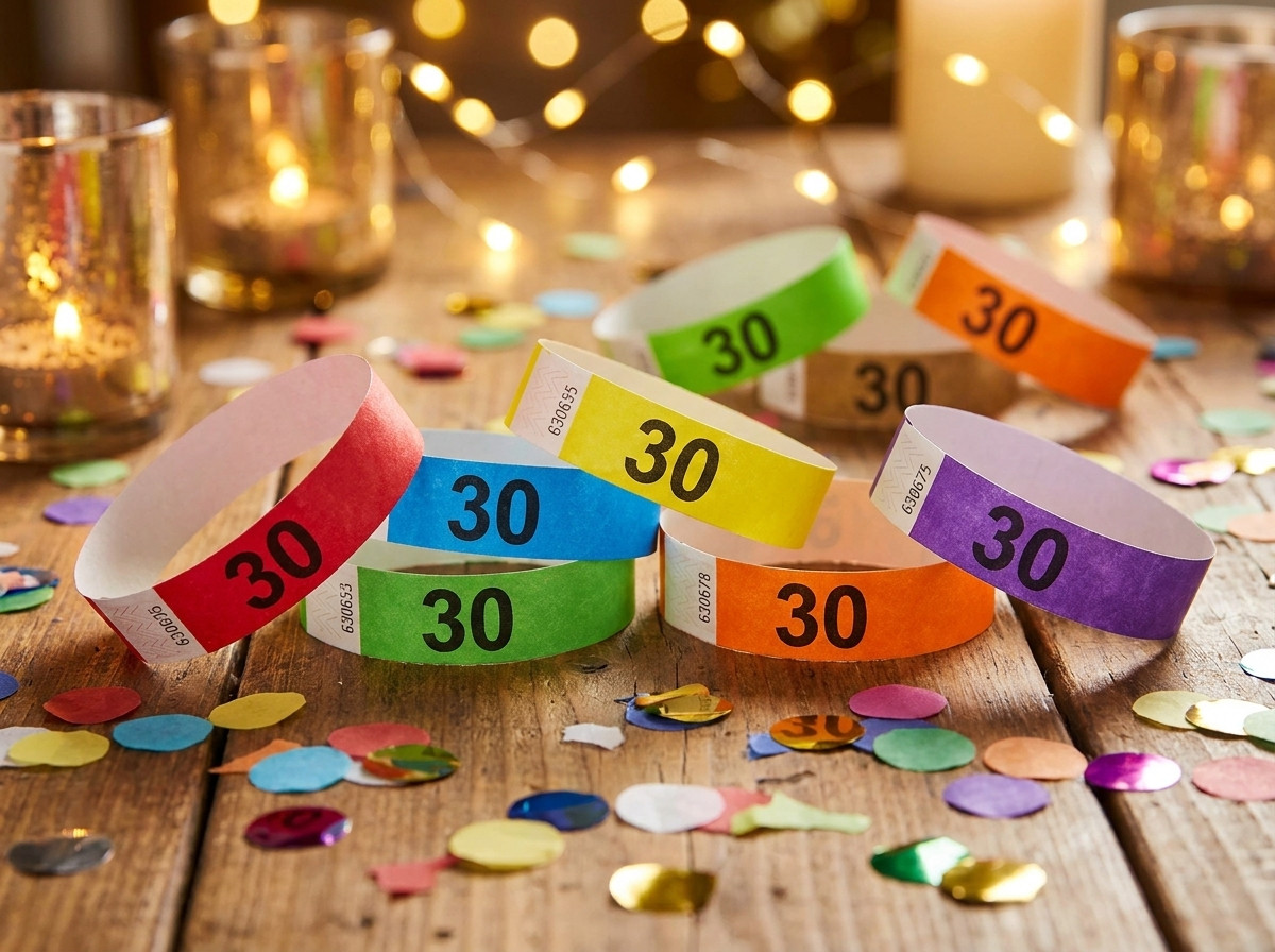 Gekleurde gepersonaliseerde Tyvek polsbandjes met het cijfer 30 voor een verjaardagsfeest, neergelegd op een tafel versierd met confetti