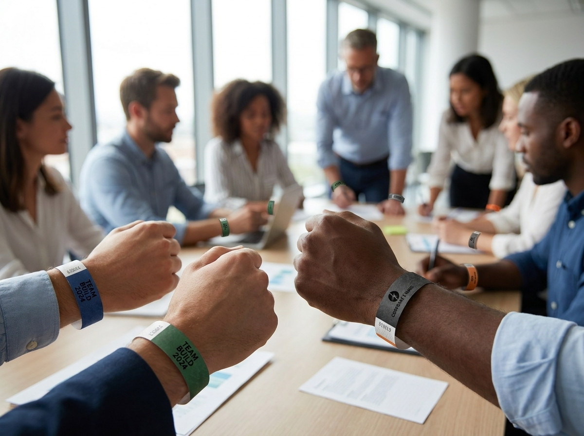 Gepersonaliseerde identificatie polsbandjes in de kleuren van een bedrijf, gedragen door deelnemers tijdens een teambuilding evenement binnenshuis