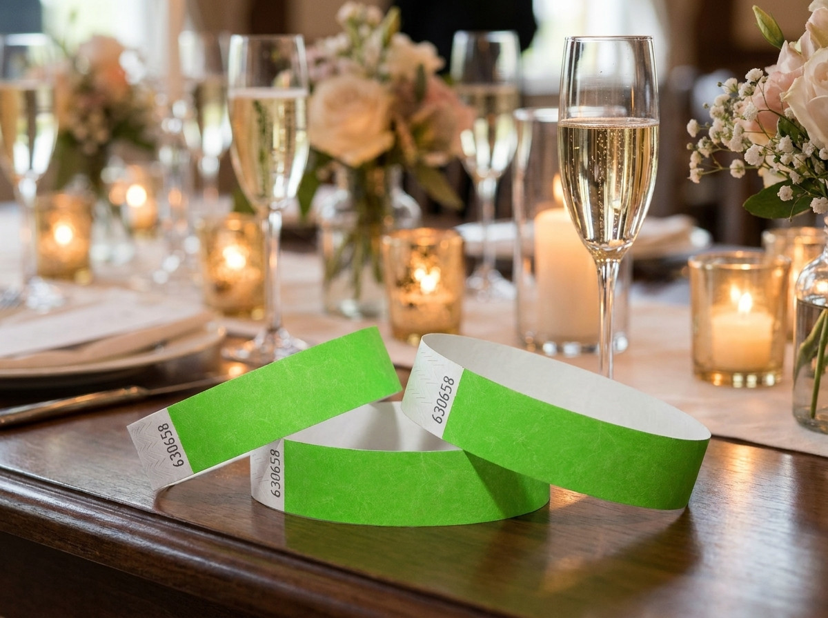 Gepersonaliseerde Tyvek polsbandjes voor een elegante privéavond, neergelegd op een gedecoreerde tafel met champagneglazen