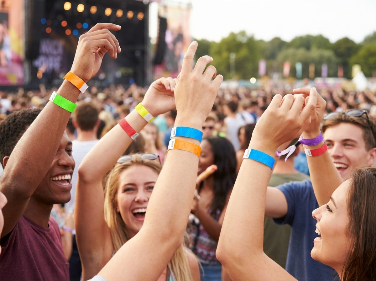 Gekleurde Tyvek polsbandjes gedragen door festivalgangers tijdens een openluchtconcert, als illustratie van hun stevigheid en comfort