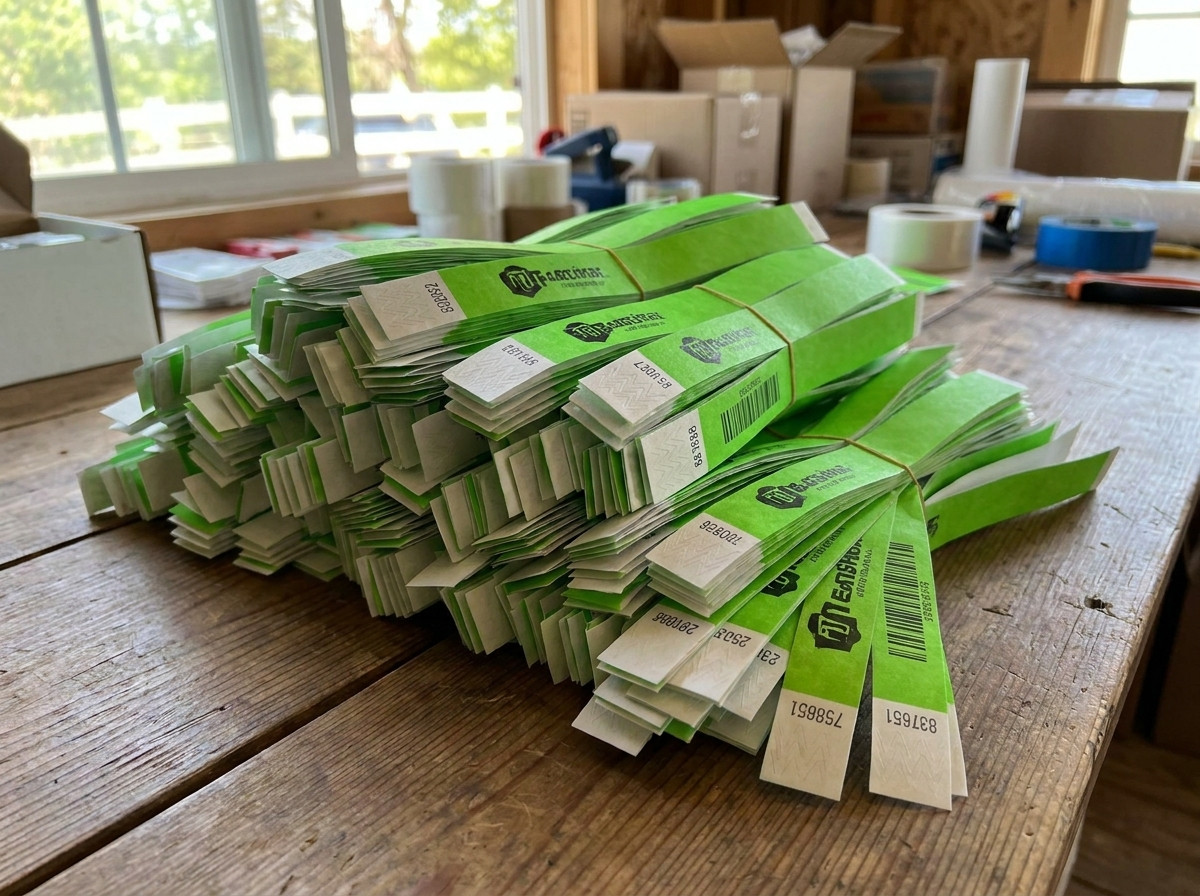 Gepersonaliseerde Tyvek-polsbandjes met logo en streepjescode, in bulk voorbereid voor een groot festival, met een overzicht van de afdrukopties